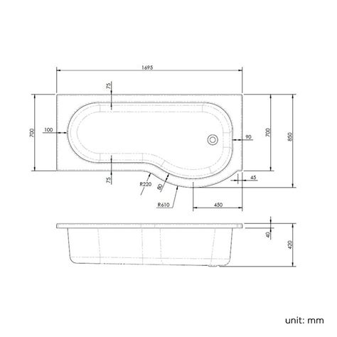 P Shaped 1700 Bath with Front Panel - Right Handed