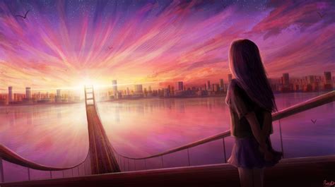 4K Anime Sunset Over The Bridge by Rico De Zoysa