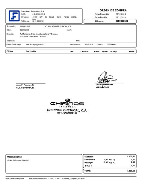 ¿Cómo Imprimir un Formato de Orden de Compra a un Proveedor en eFactory ERP?