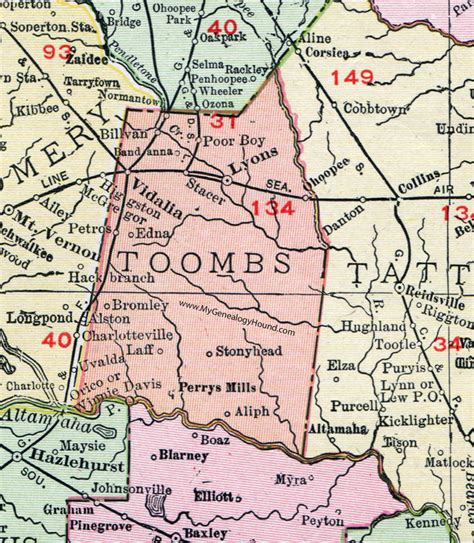 Toombs County, Georgia, 1911, Map, Vidalia, Lyons, Bromley, Perrys ...