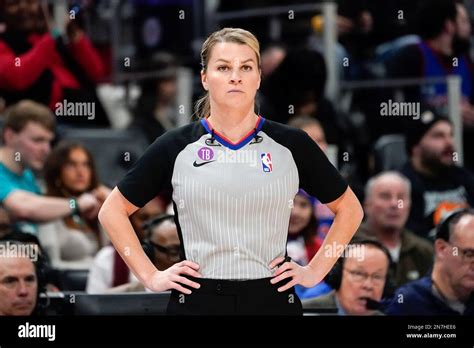 Referee Jenna Schroeder watches in the first half of an NBA basketball game between the Detroit ...