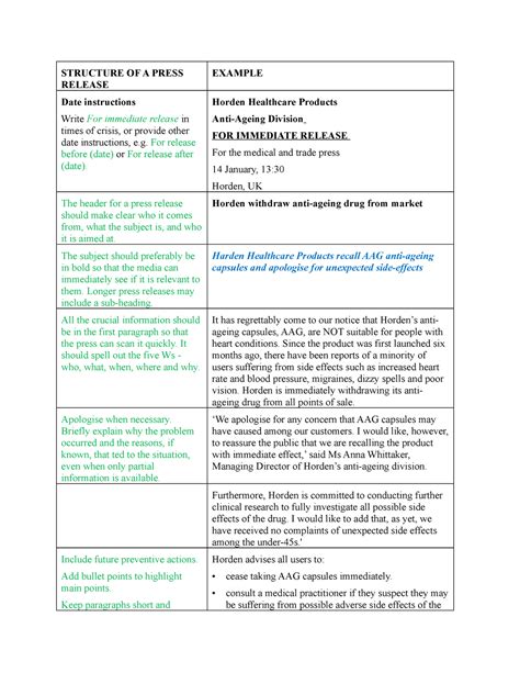 U4.Press release wrwqr qwrqwr qwr - STRUCTURE OF A PRESS RELEASE EXAMPLE Date instructions Write ...