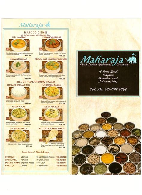 Menu at Maharaja Indian Restaurant, Kempton Park, 18 Reier St