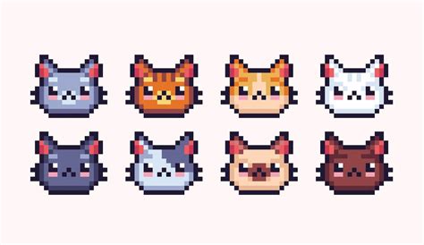 Premium Vector | Domestic cat front face pixel art set. Cute kitty head collection. 8 bit sprite.