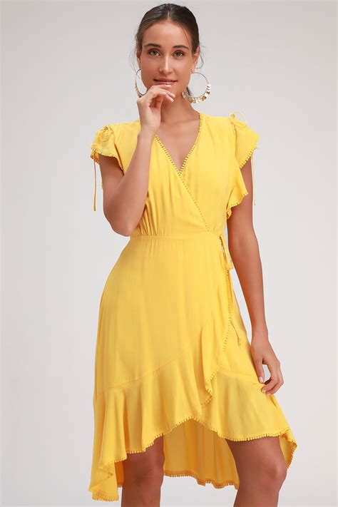 Pretty Bright Yellow Dress - Wrap Dress - Ruffled Midi Dress - Lulus