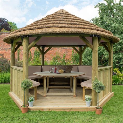 13'x12' (4x3.5m) Luxury Wooden Furnished Garden Gazebo with Country Thatch Roof - Seats up to 15 ...