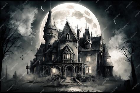 Premium AI Image | Sketch of gothic house surrounded by mist with the moon shining above