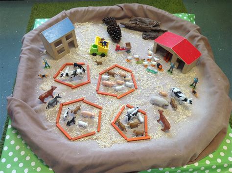 Farm small world set up using rolled oats | Farm activities, Tuff tray, Small world play