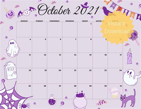 October 2021 Calendar Printable Spooky Halloween Calendar | Etsy ...