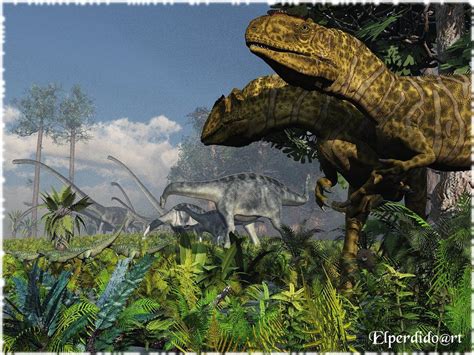 Middle Jurassic Period in China Two Yangchuanosaurus watching a Group of Omeisaurus (backkground ...