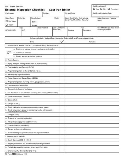 External Inspection Checklist — Cast Iron Boiler - NALC Branch 78