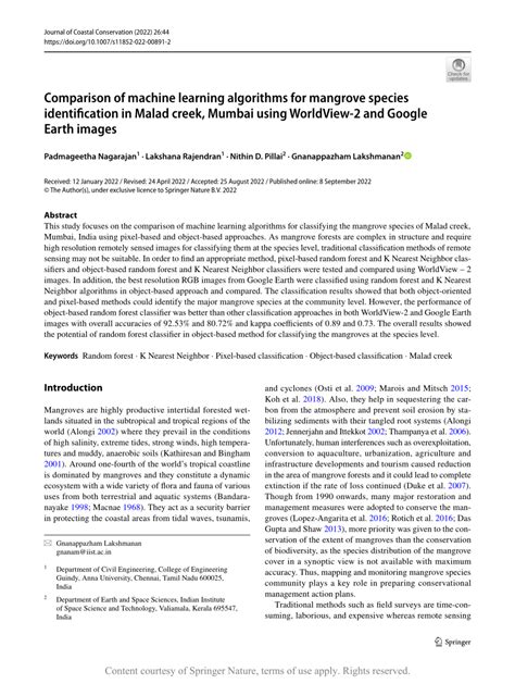 Comparison of machine learning algorithms for mangrove species ...