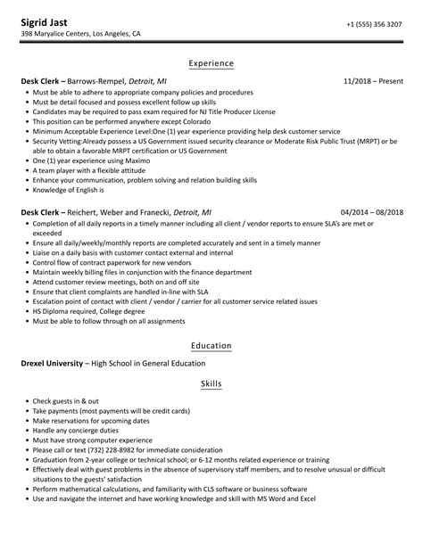 Desk Clerk Resume Samples | Velvet Jobs