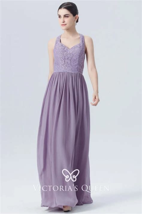 Dusty Purple Lace and Chiffon Long Bridesmaid Dress - VQ