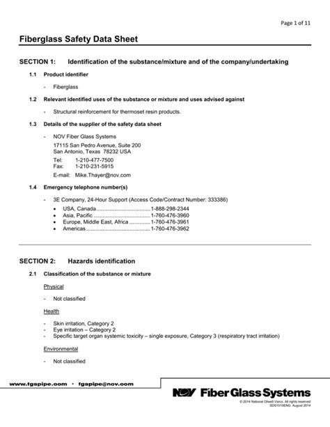 Fiberglass Safety Data Sheet