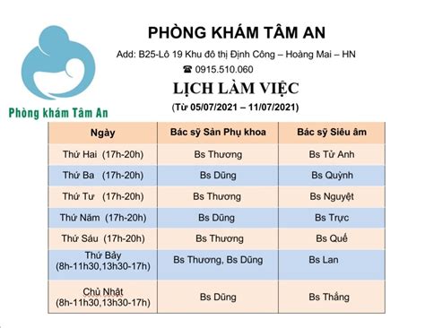 Lịch làm việc tuần từ 05/07/2021 – 11/07/2021 - Phòng Khám Tâm An