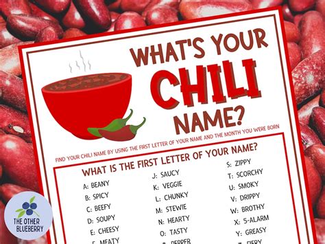 What's Your Chili Name Party Game With Nametags & Sign Chili Cookoff ...