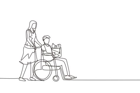 Single one line drawing social worker helping old man on wheelchair with grocery shopping ...