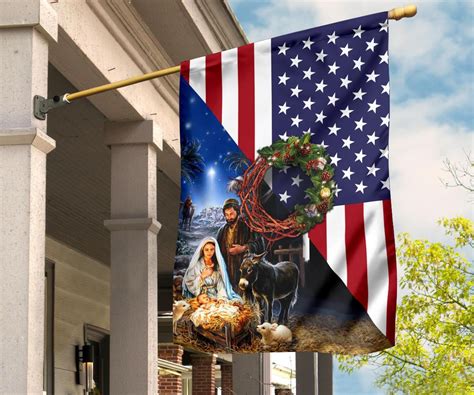 Christmas Wreath Jesus Borned With USA Flag Outdoor Religious Flag Out - PrideearthDesign