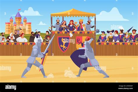 Medieval knight tournament vector illustration. Cartoon flat knight characters in body armor ...