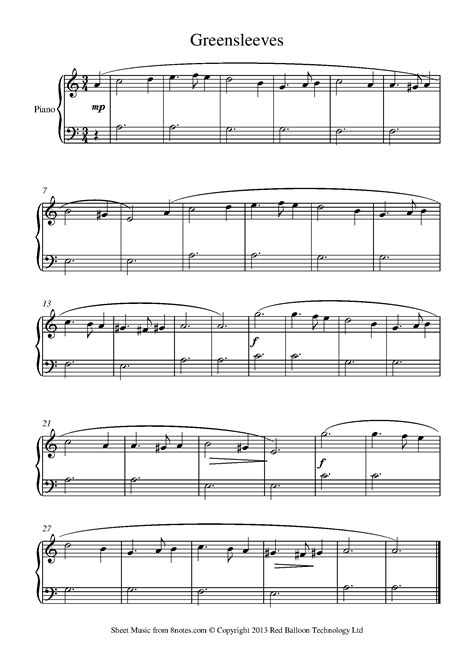 Greensleeves (beginners) Sheet music for Piano - 8notes.com | Bladmuziek, Piano bladmuziek, Piano