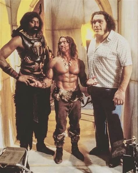 Arnold Schwarzenegger standing in between Wilt Chamberlain and André the Giant : r ...