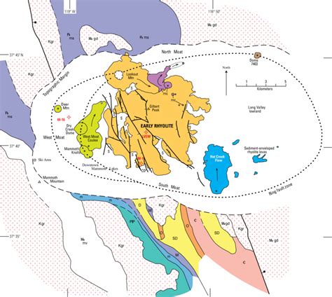 Generalized map of Long Valley caldera and basement rocks that were ...