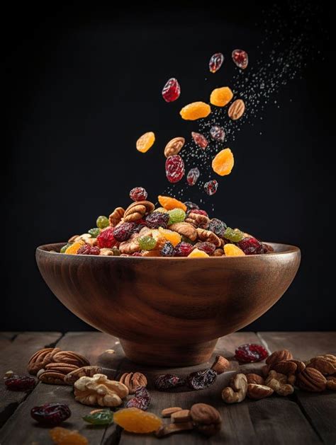 Flying Dried Fruits and Nuts. the Mix of Nuts and Raisins in a Wooden Bowl Stock Illustration ...