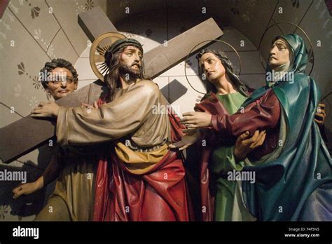 Jesus Christ meets His afflicted Mother at Station 4 of 'The Way of The Cross' in the sanctuary ...