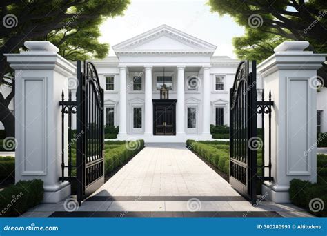 Black Steel Gate Opening To a Clean, White House Exterior Stock Image ...