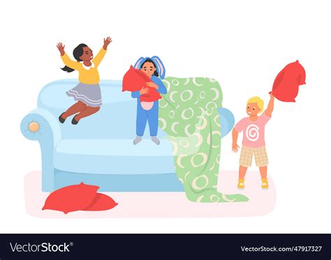 Kids having fun enjoying pillow fight Royalty Free Vector