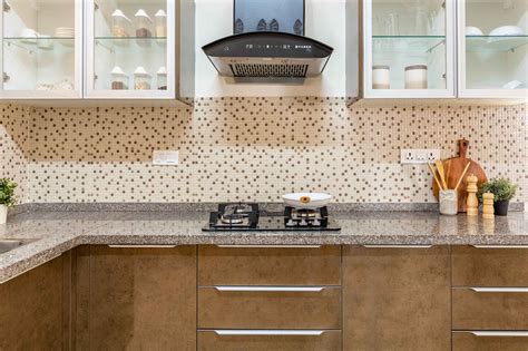 Brown And Beige Glossy Porcelain Grid Kitchen Tile Design | Livspace