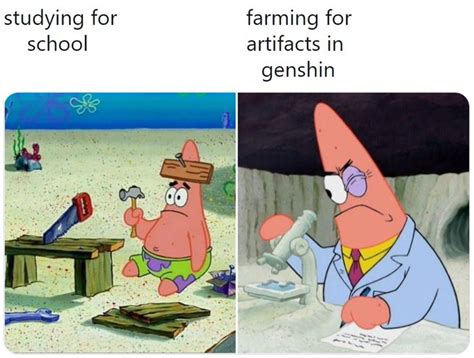 studying for school / farming for artifacts in genshin | Genshin Impact | Know Your Meme