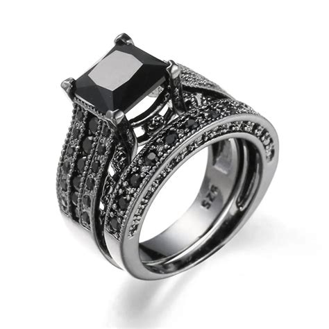 2019 2 in 1 Womens Vintage Black Silver Engagement Wedding Band Ring ...