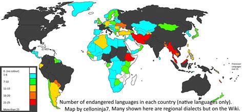 Endangered languages in the world per country. Original map. : r/LinguisticMaps