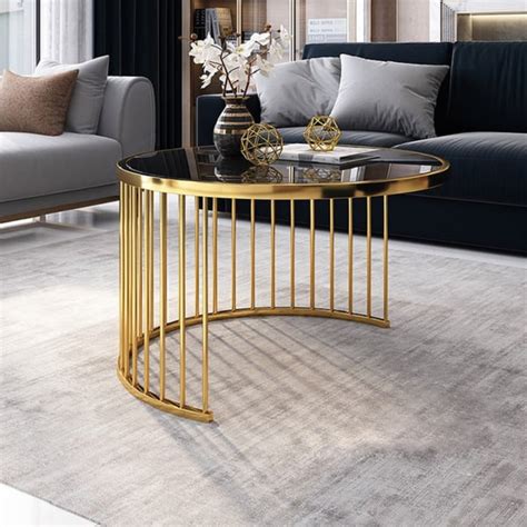 Modern Round Gold & Black Nesting Coffee Table with Shelf Tempered Glass Top 2 Piece Set | Homary