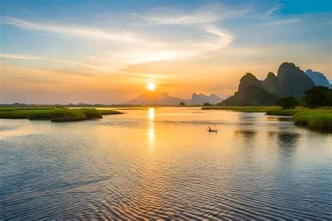 Premium Photo | A boat on a lake at sunset