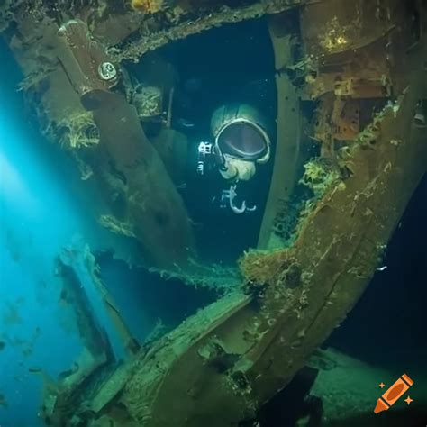 Diver exploring the interior of a world war 2 submarine wreck on Craiyon