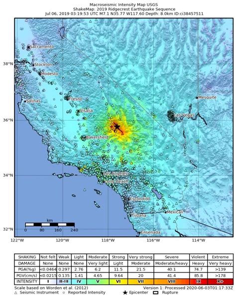 USGS ShakeMap from the 2019 magnitude-7.1 Ridgecrest earthquake. Credit: USGS - Temblor.net