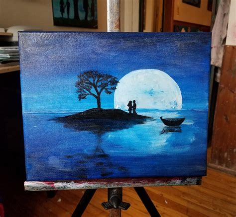 Glow in the Dark moon painting small blue canvas painting | Etsy