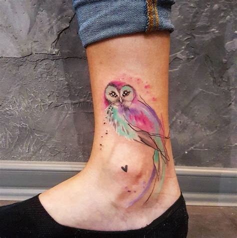 Colorful Owl Ankle Tattoo | Owl tattoo small, Watercolor owl tattoos ...