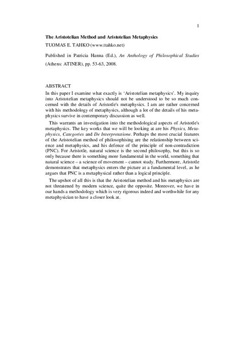 (PDF) The Aristotelian Method and Aristotelian Metaphysics | Tuomas E ...