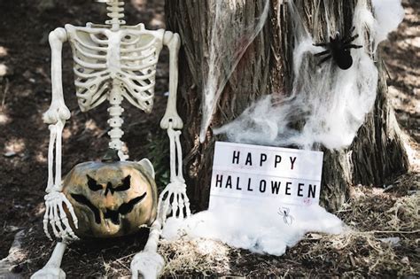 Free Photo | Skeleton sitting near halloween tablet leaning on tree