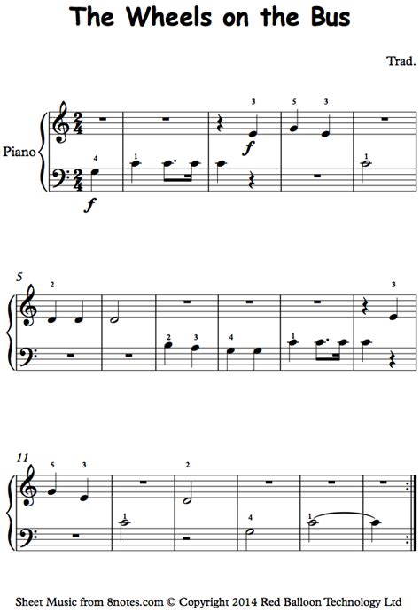 The Wheels on the Bus sheet music for Piano - 8notes.com