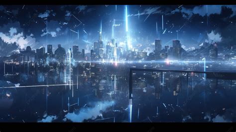 Anime City Lights And City Skyline Image Background, 3d Dark Blue City With Light Reflection ...