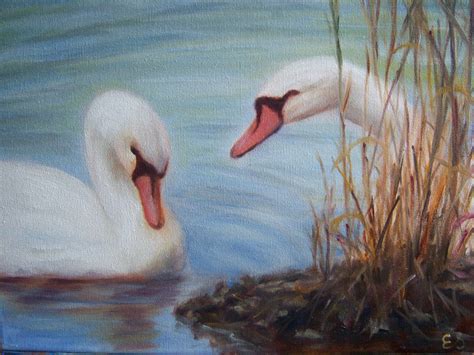 Oil Painting on Canvas. Swans. Framed Painting 11'' x