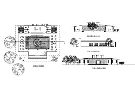 Canteen front and side elevation, section and ground floor plan details dwg file - Cadbull