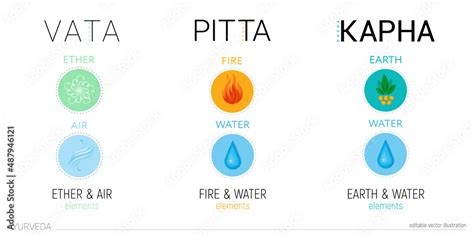 Vecteur Stock Vata, pitta, and kapha doshas. Symbols of Ectomorph ether ...