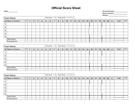 Quiz score sheet template in Word and Pdf formats