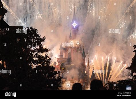 The spectacular nightly fireworks display at Disneyland Paris in France ...